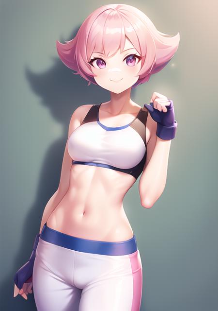 maylene 1girl, solo, breasts, smile, short hair, bangs, gloves, closed mouth, collarbone, pink hair, pants, hand up, fingerless gloves, pink eyes, eyelashes, clenched hand, bandaid, outline, white pants, bandaid on face, blue gloves, bandaid on nose, bandaid on arm