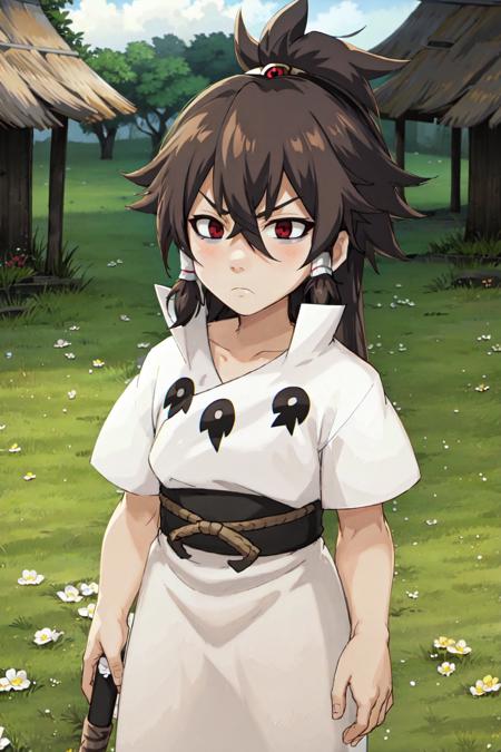 Indra, masterpiece, best quality, 1boy, brown hair, long ponytail, red eyes, short eyebrows, frown, blush, white outfit, expressionless, outdoors, village, medieval, grass, clouds, day <lora:Indra_Ôtsutsuki__Character_LoRA_Naruto:1> <lora:WakfuStyle:1>