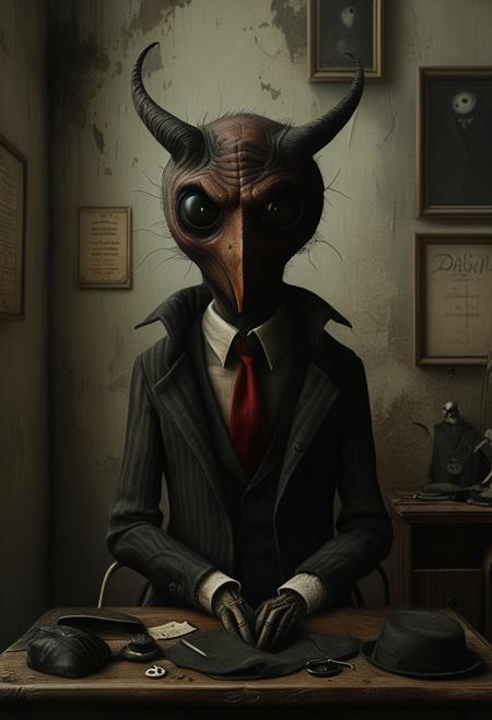style of Anton Semenov. a devil in a tailor's shop.