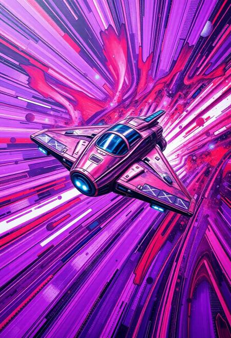 A hyper-stylistic, extremely detailed image depicts a breathtaking painting, crafted from a combination of smeared purple, red and blue metallic paint. A large intergalactic starcraft traveling light speed through space is captured in a streaked motion, as if it is moving rapidly in one direction. The purple and red paint is applied in bold, dynamic strokes, creating a sense of energy and movement that is contrasted beautifully by the bluish accents. The blue paint is used to highlight the starcraft, the stars and planets features, adding a sense of depth and dimensionality to the image. The overall effect is one of breathtaking, surreal dynamism, as if the viewer has captured a fleeting moment in time. Every detail of the image is meticulously crafted, from the delicate, swirling patterns of the purple and red paint to the intricate, textured patterns of the blue paint. The contrasts between light and dark, color and texture, create a sense of tension and energy that draws the viewer in, inviting them to explore the kinetic world of the painting. highest-Quality, intricate details, visually stunning, Masterpiece