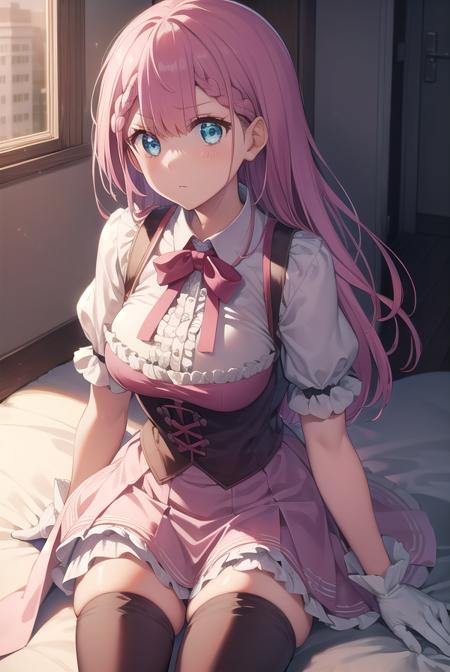 mafuyukirisu, <lora:mafuyutest:1>,
mafuyu kirisu, blue eyes, braid, long hair, twin braids, pink hair,
BREAK boots, center frills, dress, elbow gloves, frilled skirt, frills, gloves, magical girl, pink skirt, puffy short sleeves, puffy sleeves, purple thighhighs, short sleeves, skirt, thigh boots, thighhighs, tiara, white gloves,
BREAK looking at viewer,
BREAK indoors, classroom,
BREAK <lora:GoodHands-vanilla:1>, (masterpiece:1.2), best quality, high resolution, unity 8k wallpaper, (illustration:0.8), (beautiful detailed eyes:1.6), extremely detailed face, perfect lighting, extremely detailed CG, (perfect hands, perfect anatomy),