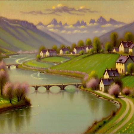 Arcpastel landscape of a river with houses and buildings in the background and grass and trees and flowering trees and sky and clouds and hills, landscape, rivers and waterfalls, forests and trees, Bank, Nature, River, Waterway, Natural environment, morning