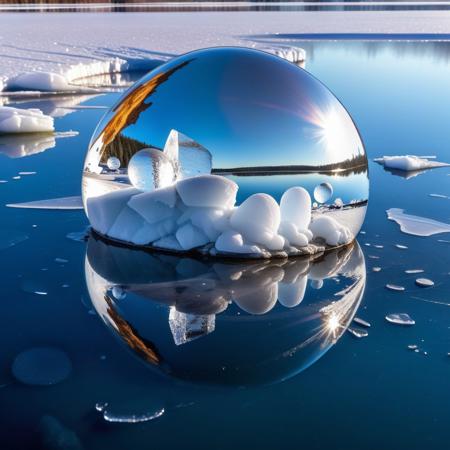 this is formed mercury mirrored spheres embedded in quartz formation in a frozen lake with crystal ice, magnificent abstract modern polarity