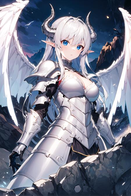 masterpiece, best quality, dragon girl,(silver armor),blue eyes,silver hair,expressionless,medium brests,silver wing,dragon wings,elf,silver horns,tornado,rock moutains ,(silver),battle armour,solo