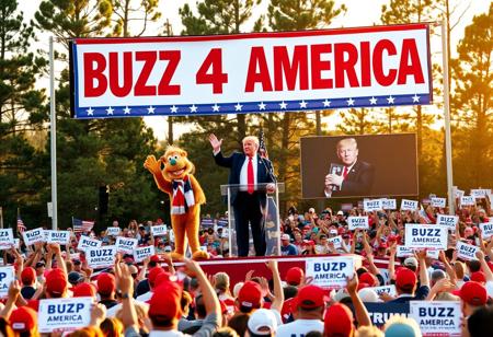 At a massive political rally in Alabama, Donald Trump stands confidently on a raised stage under bright spotlights, addressing an enthusiastic crowd. Standing beside him is ALF, the furry, brown alien from the ’80s TV show, wearing a red, white, and blue scarf. ALF enthusiastically waves to the crowd with one hand while munching on a snack in the other. Above the stage, a giant sign reads ‘BUZZ 4 AMERICA’ in bold red, white, and blue letters, framed with stars. The packed crowd is a sea of red ‘MAGA’ hats and American flags, with several people holding up signs that also say ‘BUZZ 4 AMERICA.’ ALF’s playful antics draw laughs as he stumbles over a stack of campaign flyers, sending them fluttering into the air. Behind Trump, a giant screen projects his image alongside a shot of ALF waving. The scene is set against a classic Alabama backdrop, with towering pine trees and the golden evening sun casting long shadows. The atmosphere is a mix of excitement and humor, as ALF brings a lighthearted energy to the high-stakes rally