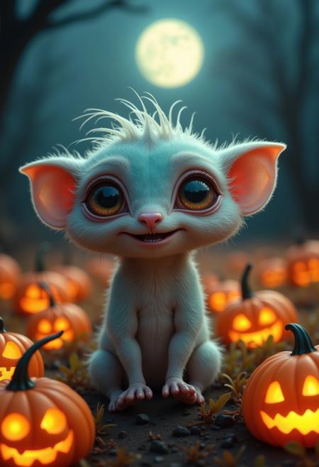 w31rd13sfl1, A small, round creature with big, innocent eyes and an unsettling smile that stretches too wide. It has soft, pastel-colored fur, making it look cuddly, but its elongated fingers and slightly distorted features give it an eerie vibe. The creature is surrounded by a field of  glowing jack-o-lanterns under a dimly lit moon, with shadows cast in strange angles, making the scene both charming and unnerving. Its large eyes reflect the light, adding an intense, almost hypnotic gaze that mixes sweetness with an underlying sense of dread.