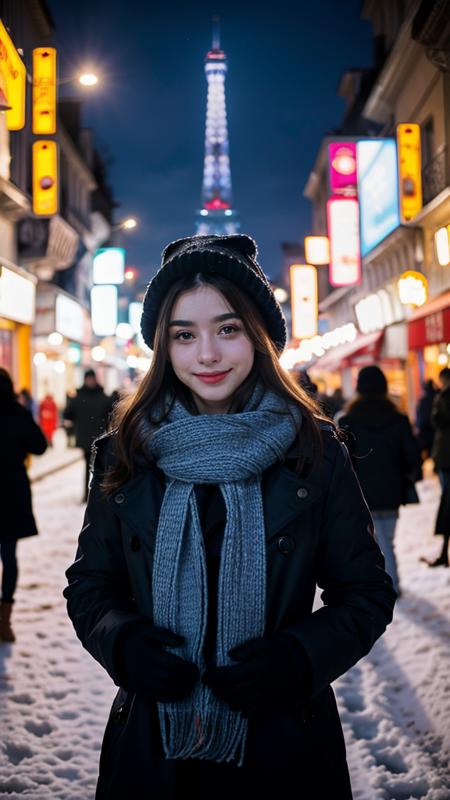 realistic photograph of dasha_taran, pretty face, looking at viewer, detailed eyes, smile, cute, blonde hair, she is stand among snow, wearing (winter coat, scarf, gloves, hat ,made of cotton),eiffel tower in the background, warm light decoration, scene set in Paris on winter, bokeh, portrait, sharp focus on eye, low light, night street lamp, shot with dslr f/1.4, blurry background, <lora:Light and Shadow:0.4>, <lora:Dasha-000006:0.8>, <lora:backlight_slider_v10:-1> (Add lightsource to front)