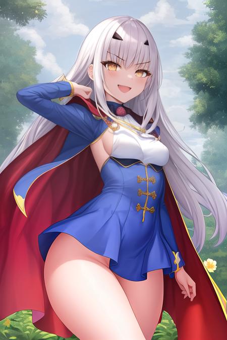 masterpiece, best quality, highres, solo, {tam_lin_lancelot_fgo:1.10}, long_hair, white_hair, bangs, breasts, sidelocks, small_breasts, forked_eyebrows, brown_eyes, thighs, yellow_eyes, 1girl, blue_dress, cape, dress, long_sleeves, looking_at_viewer, smile, blue_cape, flower, open_mouth