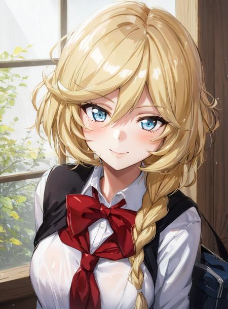 1girl, blonde hair, absurdly long braided ponytail, school uniform, window, upper body,  portrait, light smile,