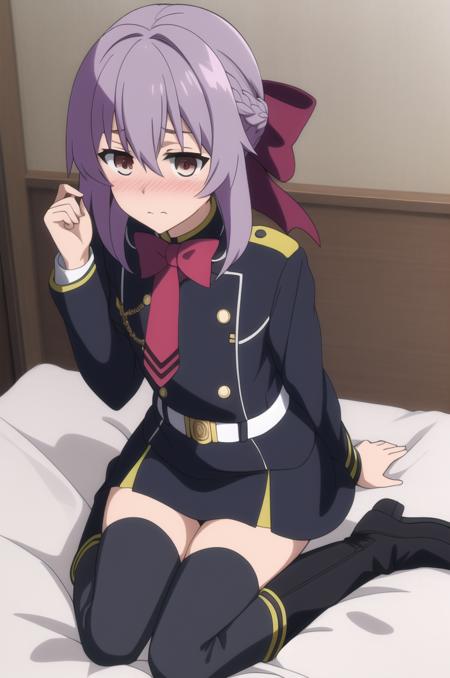 (masterpiece), high quality, detailed background 1girl, solo,
 <lora:OwariNoSeraphHiragi-v1-01:0.7>, ChopioHiragi, bow, purple hair, braid, hair bow, red bow, looking at viewer, (blush:1.3),
bedroom, bed, on bed, sitting, wariza, from above, , embarrassed,
Hiragi_Uniform, military uniform, red tie, long sleeves, white belt, gold buttons, zettai ryouiki, black thighhighs, pleated skirt, black boots, black footwear, knee boots