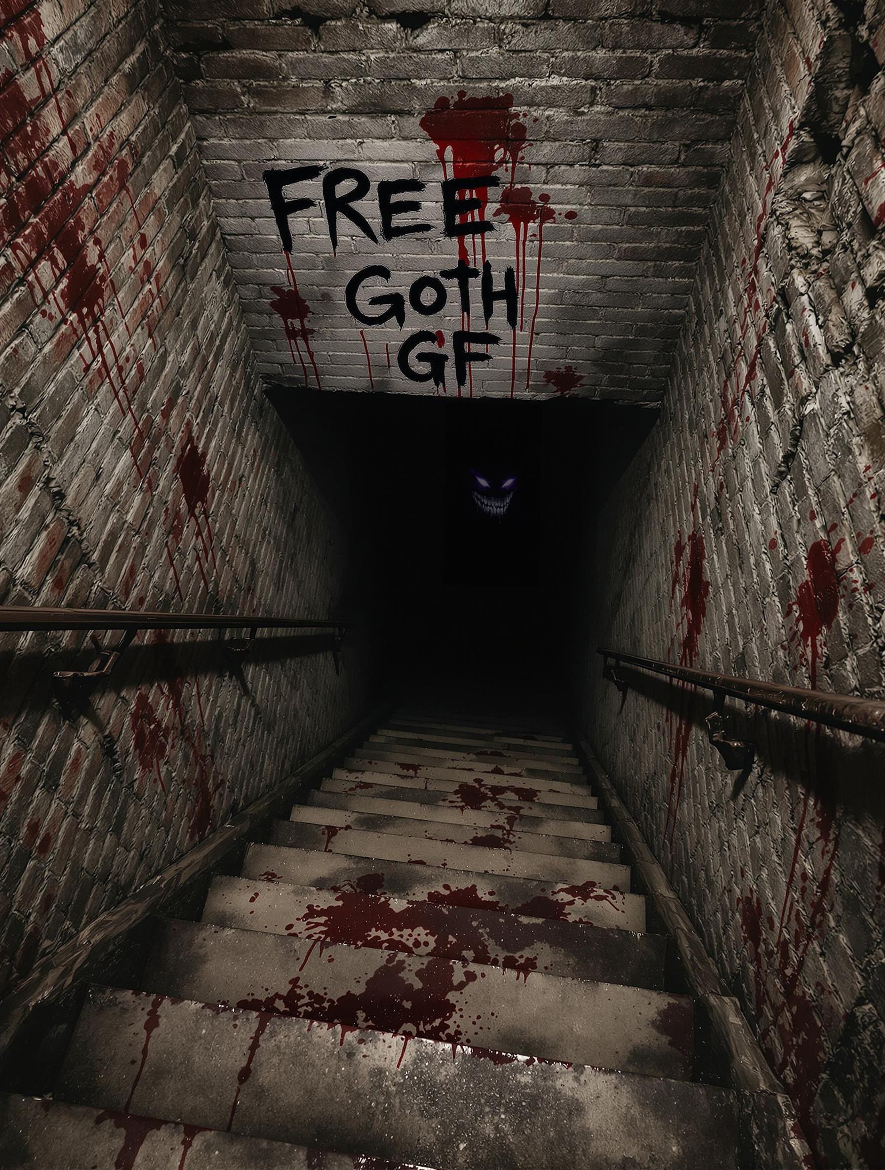 A dimly lit brick stairwell with weathered brick walls splattered with blood. At the top of the stairwell, black spray-painted graffiti reads "FREE GOTH GF" with dripping blood above and around it. The staircase leads down into darkness where a pair of glowing purple eyes and a sinister, fluorescent smile float menacingly in the blackness. 