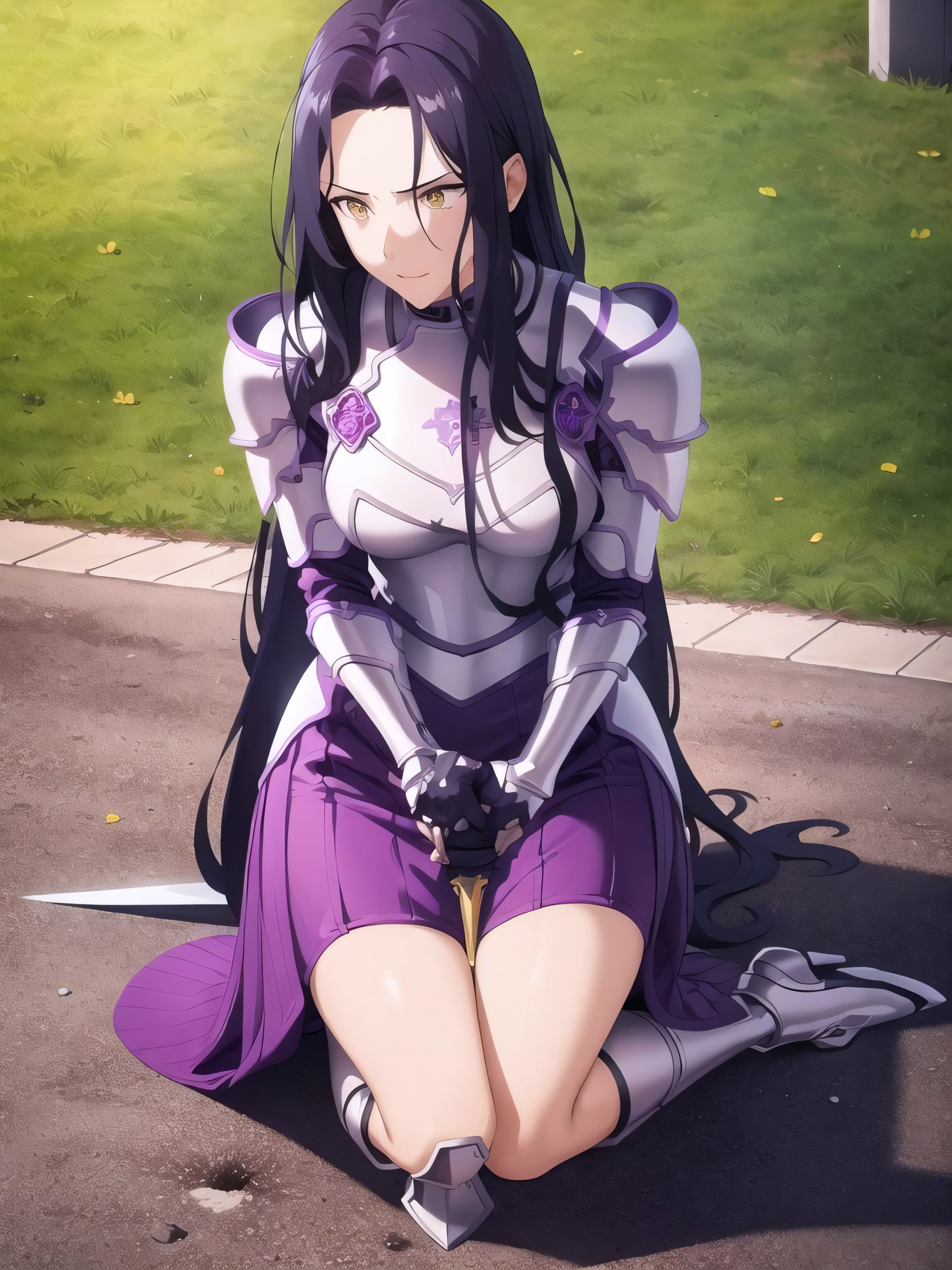 <lora:Fanatio:0.6>
a woman in armor , dark purple hair, light yellow eyes, sword in hand, knight, kross, erotic, kneeling,...