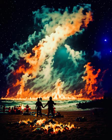 Beneath a canopy of stars, a group of friends enjoys a bonfire on a sandy beach, laughter and music carrying on the ocean breeze, a celebration of life and connection: beach bonfire:0.9, starlit night:0.8, joyful camaraderie:0.7, ocean's embrace:0.6.  , <lora:Creepy_Journey:1>