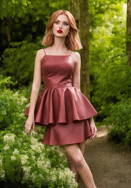 (sharp focus:1.2), photo, attractive young woman, (beautiful face:1.1), detailed eyes, luscious lips, (bold red lip colour:0.85), (medium breasts:1.0), (slim body:1.2), wearing (peplum dress:1.2) in a (botanical garden:1.2). (moody lighting:1.2), depth of field, bokeh, 4K, HDR. by (James C. Christensen:1.2|Jeremy Lipking:1.1).