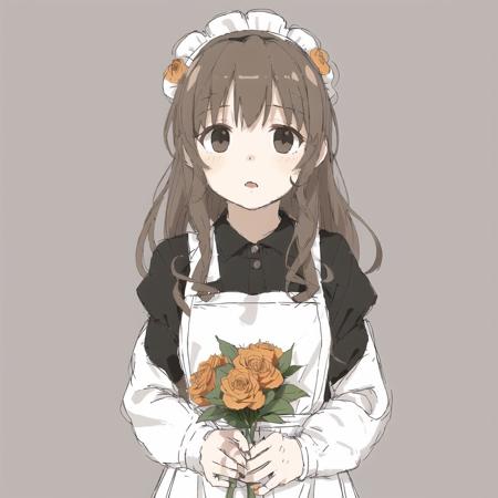 <lora:avas_jun_07-03--tsukumizu_yuu_005-095--ham_rifl_09-01:1>, 

1girl, apron, bangs, black dress, brown hair, closed mouth, collared dress, dress, fingernails, flower, frilled apron, frills, grey eyes, highres, holding, holding flower, leaf, lips, long hair, long sleeves, maid, maid apron, maid headdress, orange flower, orange rose, rose, simple background, sleeve cuffs, solo, tan background, twitter username, upper body, white apron, white headdress, yuum1709