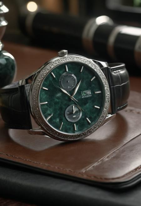 A jade-finished wristwatch with a polished obsidian jade dial and silver accents, resting on a leather wallet on a desk, illuminated by soft ambient lighting, detailed and photorealistic, 4K resolution <lora:Obsidian_Jade_Style:0.8>