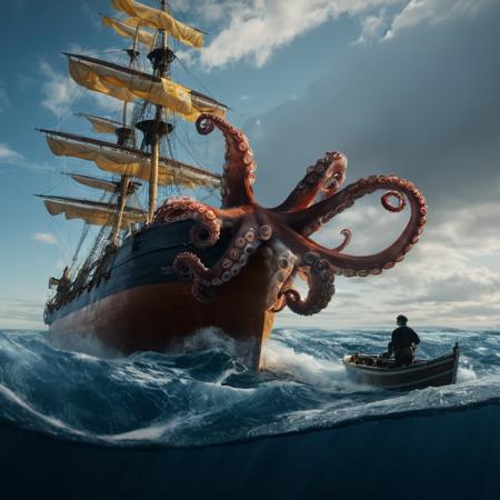 cinematic film still of  <lora:underwater style:1>
In the deep blue underwater a painting of an octopus attacking a ship,1boy,sky,cloud,water,ocean,cloudy sky,tentacles,flag,watercraft,ship,waves,boat,octopus , realistic, realism, photorealism, hyperrealism, hyperrealistic, realistic, sharp, detailed, documentary style, film light style, movie still, photography, artistic, perfection, contrast, cinematic, filmic, high quality photo,  8k quality, colorful, different animals, national geographic style, different creatures, different color, underwater style, shallow depth of field, vignette, highly detailed, high budget, bokeh, cinemascope, moody, epic, gorgeous, film grain, grainy