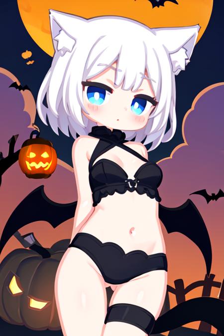 1girl,  bat (animal),  solo,  cat ears,  tail,  breasts,  short hair,  blue eyes,  jack-o'-lantern,  halloween,  moon,  full moon,  white hair,  pumpkin,  wings,  night,  covered navel,  medium breasts,  bandages,  cowboy shot,  arms behind back,  lantern,  looking at viewer,  bangs,  outdoors,  thigh gap,  bat wings,  Tattoo, <lora:EMS-61811-EMS:0.500000>