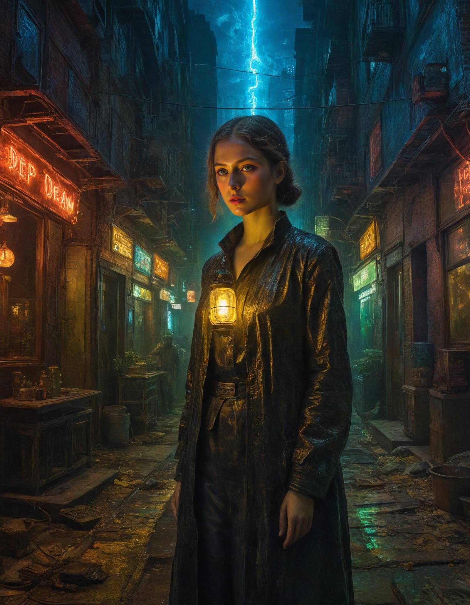 A woman in a black jacket and a glowing light on her chest stands in an alleyway.