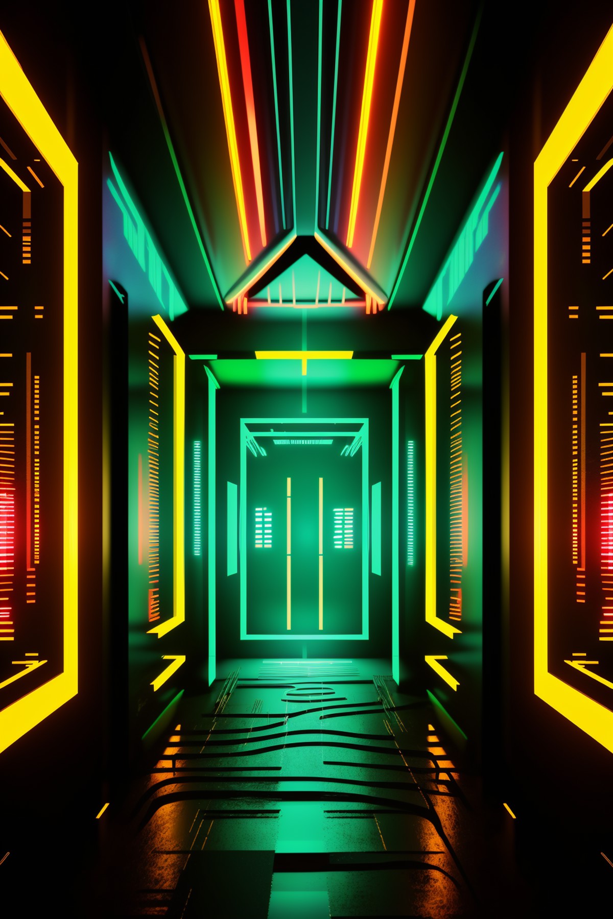a dark hallway with neon lights and a clock , indoors, no humans, scenery, science fiction, hallway, neon lights  , cybers...