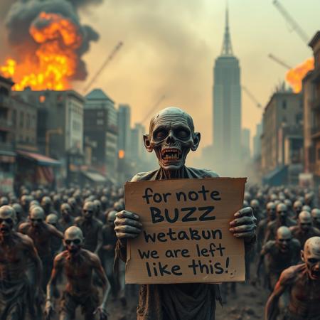 apocalyptic city, buildings falling background, explosions background, fire background, dust, smog, a big zombie crowd, zombies without body parts, a ugly zombie holding a a carboard sign with the text "for not donating buzz we are left like this"