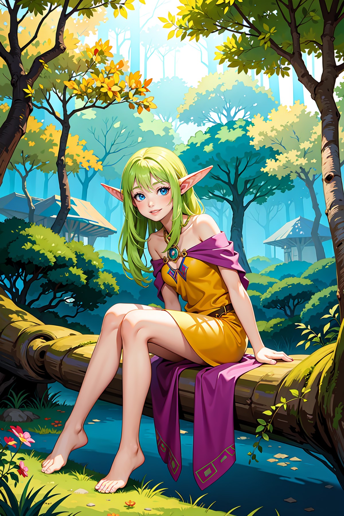 abstract environment, vivid colors, elegant fantasy, a shy elven maiden in a short summer dress, hiding in the forest, smi...