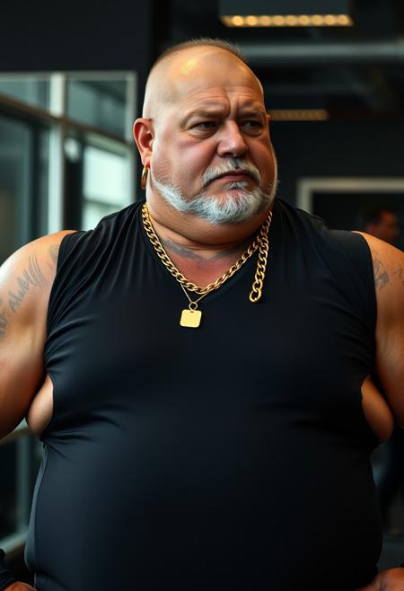 cinematic grain, 90s gym sports course instructor, obese, shaved shaven clean face, rough face, old german american grandpa, tanned skin, chesthair, black v-neck shirt, golden earring, big golden chain necklace, rich, strong hairy shoulders, big round belly, spandex bodysuit, sweatbands, doing preworkout stretches, biker, trucker, working out in 90s gymnastics aerobics advert, yoga course, healthy, massive muscles, steroid muscles, large neck, huge trained biceps, big flexing pecs