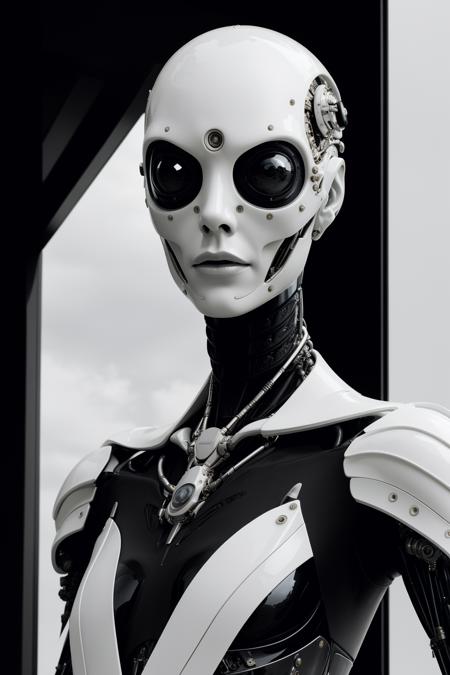 Luxury style, masterpiece, complex detailed, best quality, hdr, 
editorial fashion photo, 
biomechanical alien, sophisticated, high-end, luxurious, art by goro fujita, white and black colors, 
cyber, <lora:CyberWorld:0.6>,