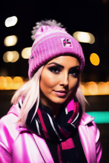 csl , medium length blonde with pink highlights hair, (minimal ambient light), low light, night, bokeh, background is night city, streetwear, beanie, scarf, <lyco:CassieL-RealVision-V1.0:1.0>