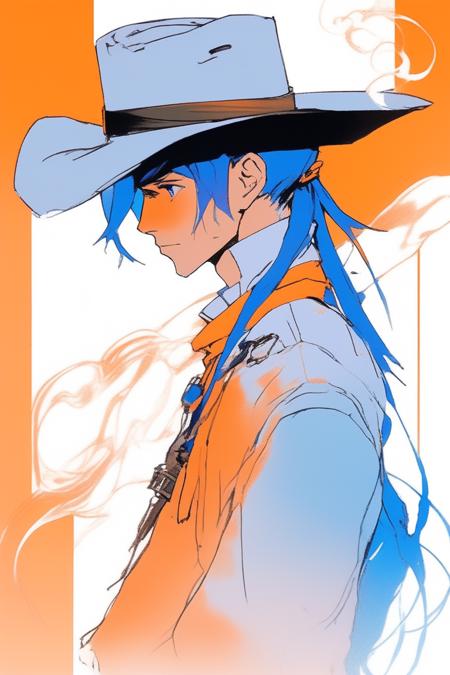 sketch ,minimalism style,ghibli ,(1boy ),,lip, Cowboy hat,-conceptsuffix-potion, deep orange gradient background, electric blue hair,Low ponytail hair, Chilean ,Overwrought ,Aleksandr Deyneka, (masterpiece,best quality,niji style)