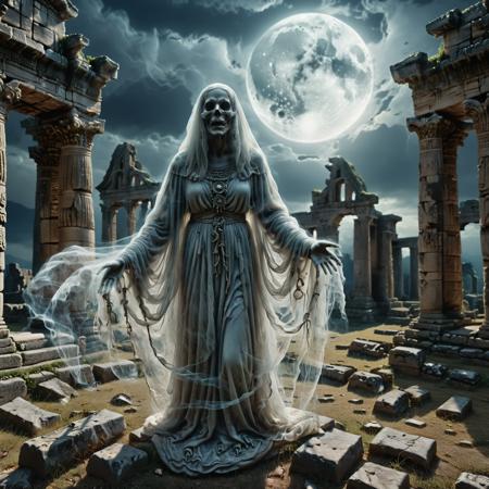 dark fantasy, GhostlyStyle <lora:JuggerCineXL2:0.8>,<lora:dark_fantasy_art:1>,<lora:xl_more_art-full_v1:0.7>,<lora:SDXLGhostStyle:0.6>, Ancient ruins under a full moon, with dark magical energies swirling around, and a translucent ghostly figure lurks in the background, cinematic, intricate, ultra detailed, 8k, uhd,