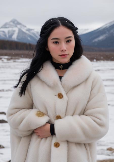 photograph of a young 30 year old woman, beautiful face, perfect face, (dark blue detailed eyes), blush on face, (Long 1 three-strand braid black hair), pale skin, innocent, snowing at mountain range, (light snowfall), Porta 160 color, shot on ARRI ALEXA 65, bokeh, sharp focus on subject, shot by Don McCullin, (inuit fur-lined clothes), good hand, finely detailed skin, petite body, medium breast, traditional choker, full body, thigh gap, sfw, hugging baby penguin