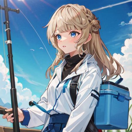 1girl, solo focus,
RangerKC, RangerSanma, white jacket, long sleeves, blue denim skirt, black pantyhose, boots, black footwear,fishing rod, white fishing cooler,
BREAK, oblique portrait view, upper body shot,
 <lora:Ranger-10:0.9>