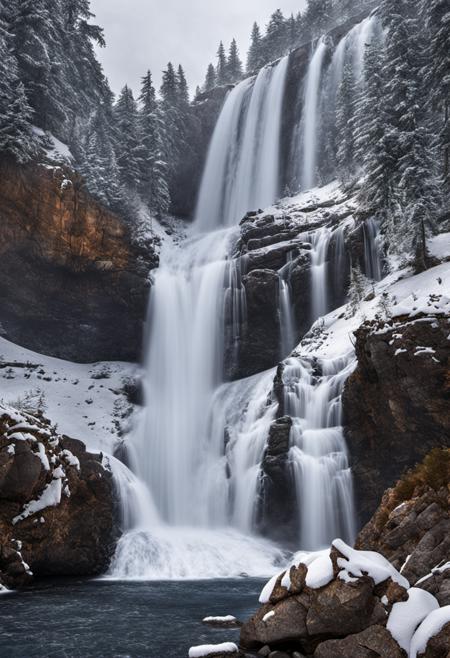 photograph of  waterfall ,  snowing , at  day , grand composition, masterpiece, national geographic, nature, 8k, highly detailed, nikon, dslr, hdr, 100-400mm lens, composition, best composition, classic, Landskaper
