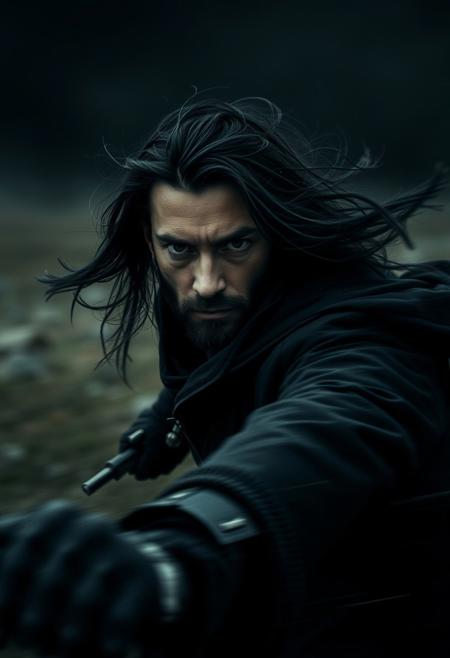 Intense jet black dynamic cinematic portrait in motion. Surreal realism style, blurred lines, action poses, deep shadows, pure black, moody atmosphere, pastoral landscapes and futuristic elements. Historical fantasy setting.