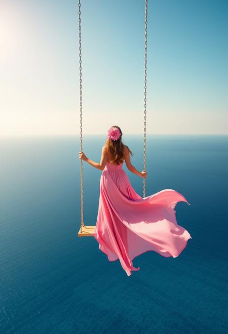 A serene and surreal scene featuring a woman standing on a swing suspended high above the vast, empty ocean.  The woman is dressed in an elegant, flowing pink dress with a dahlia flower in their open long hair, adding a touch of vibrant color against the calm blue backdrop of the sea and sunny, warm sky.  The dress is long and flowing in the wind.