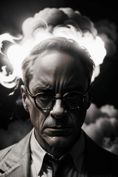 cinematic style,1boy,Robert Downey Jr,white suit,monochrome,facing aside,close-up,silhouette,explode,nuclear explosion,flame,solo,surrounded by orange smoke,outdoors,
masterpiece,best quality,ultra highres,beautiful and detailed skin,<lora:Oppenheimer-000000:1>,