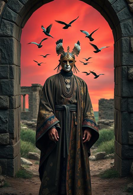 A masked self-portrait standing beneath a stone archway, wearing a robe of painted history, with birds circling against a crimson sky., conceptual portraiture, symbolic storytelling, romantic historicism, handcrafted costume art, neoclassical drama, Indigenous identity, theatrical composition, natural landscapes, introspective emotion, elaborate set design, mythic allegory, sculptural clothing, ornate detail, wilderness and ruins, surreal self-portraiture, painterly lighting, ancestral memory, poetic visual metaphors, performative stillness, historical costume elements