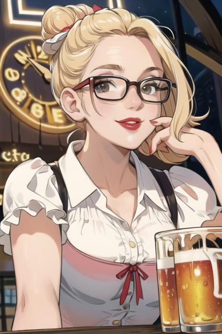 instagram photo,photo of beautiful 26 y.o woman, mandy_marx,  mandy_marx, red lips, blonde hair, smile,white shirt, secretary, glasses, at oktoberfest, outside, lights, night, glass of beer, detailed background, creepy, upper body,  hair bun, from below, more , details<lora:mandy_marx:1>,<lora:more_details:0.2>