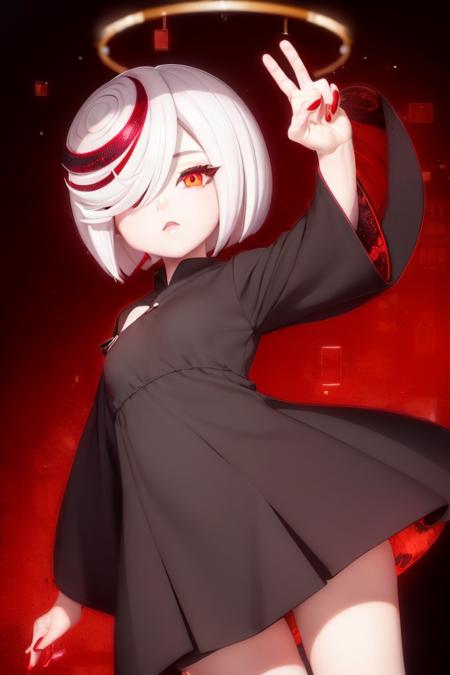 1girl, sageai, red eyes, short hair, hair over one eye, white hair, red hair, multicolored hair, black dress <lora:sage_ai:0.7>