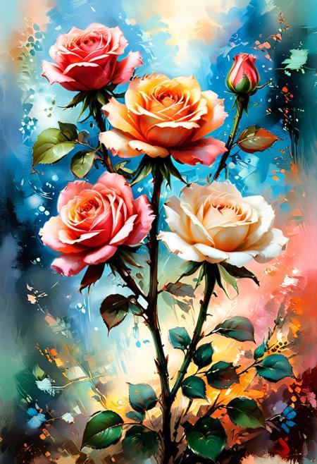 A roses in a bloom red pink yellow green brown and white. sharp corrected colors, hi contrast, bold colors sharp focus
BLUE, VIRIDIAN, ORANGE, RED 
painting by Anna Razumovskaya, by Luis Royo, by Thomas kinkade
