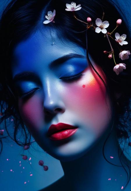 This image is a highly detailed digital artwork featuring a surreal, dreamy portrait of a woman's face, rendered in a hyper-realistic, yet fantastical style. The subject, a woman with dark hair, has her face partially obscured by a cascade of cherry blossoms in various stages of bloom, from closed buds to fully opened flowers. Her skin is painted with a subtle, almost ethereal glow, and her face is adorned with splashes of bright red and pink paint, which add to the surreal nature of the artwork. 
The woman's facial features are serene and melancholic, with a closed mouth and half-closed eyes, suggesting a sense of quiet contemplation or perhaps sadness. Her eyes are obscured by the flowers, but the overall expression is subtle and introspective.
The background transitions from deep, dark blues at the bottom to a gradient of warm, glowing colors towards the top, suggesting either sunrise or sunset. The cherry blossoms appear to be floating or merging with her hair, which is also adorned with the flowers, creating a surreal, ethereal effect. The overall color palette blends deep blues, purples, and warm oranges, evoking a sense of peace and quiet longing.