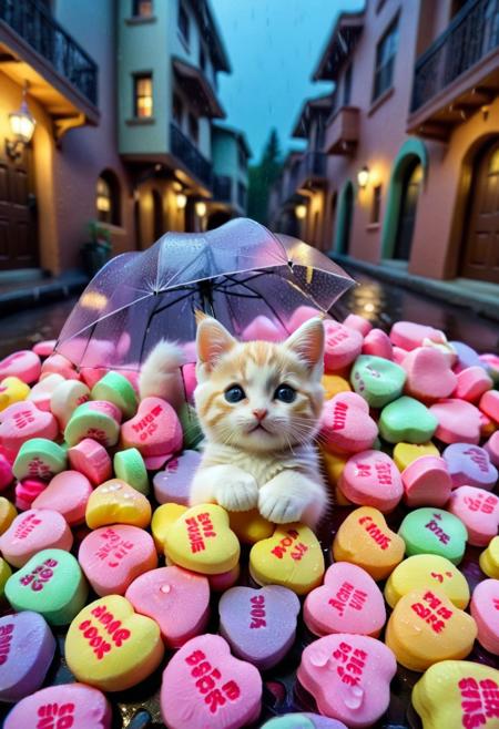 score_9, score_8_up, score_7_up, masterpiece-level, highly detailed, fantasy-themed, antho cat, chibi cat, chibi antho cat, cute animal focus, really cute animal, cute focus, intricate details, vibrant and hilariously relaxed aesthetics, (rain made from candyhearts,:1.5) , tiny candy hearts poaring, (raindrops made from candyhearts,:1.5) holding, umbrella:2, raining, kitten:2, standing, photorealistic render with Warframe aesthetic, dramatic lighting, best quality, plastic umbrella, (raindrops made from candyhearts:1.5)visible to shelter protecting a tiny, shivering calico kitten kitten nestled in a dark, atmospheric alleyway between high-tech buildings, (rain made from candyhearts:1.5) pouring down dramatic nighttime lighting, illuminated primarily by streetlights and the focusing on the kitten huddled safely, cute kitten, protection, rainy night, umbrella, juxtaposition, touching moment, sci-fi elegance, masterpiece, best quality, best quality, absurdres, 8k, HDR, <lora:albrecht_labs:1>