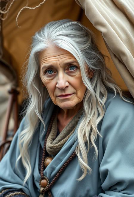 beautiful old gypsy woman with white hair and deep blue eyes, medieval style, inspire wisdom and knowledge, in a medieval covered cart, light blue robe, wisdom, sage
