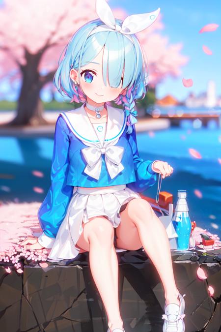 Arona,1girl,solo,shoes,white footwear,braid,blue shirt,serafuku,long sleeves,white sailor collar,hairband,white choker,bangs,smile,single braid,white half skirt,bow hairband,<lora:Arona_åç½å¨:0.8>,cityscape,sitting on rock,cherry blossom forest,falling petals,, (masterpiece), (best quality), HDR, intricate detail,