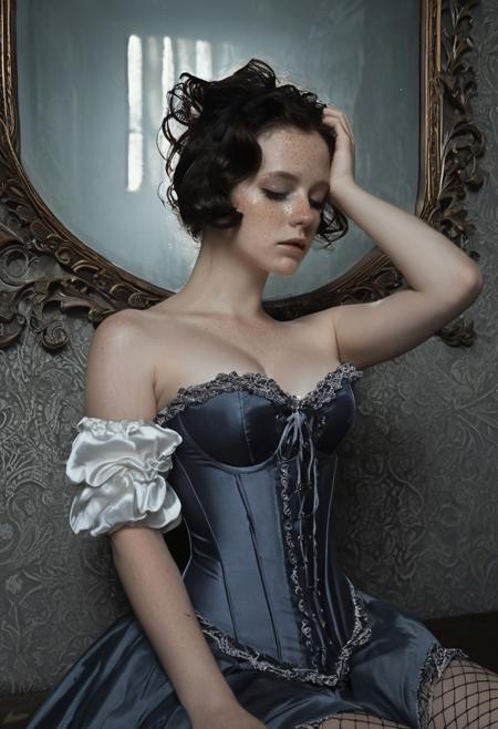 The image is a high-resolution, moody photograph of a woman with short, wavy, dark brown hair that frames her face. She has a pale, freckled complexion and is wearing a dark grey, satin corset that cinches her waist, accentuating her huge ample cleavage. Small round nipples. The corset is adorned with intricate lace and ruffles at the bust and hem, giving it a vintage, Victorian-inspired look. She also wears fishnet stockings and a ruffled, dark grey skirt that adds to the overall gothic aesthetic of the scene. Her expression is melancholic, with her left hand touching her forehead and her right arm resting on her lap.
The background is dimly lit, featuring a dark, possibly antique room with ornate, dark wood paneling and a partially visible, ornate mirror. The lighting is soft and cool-toned, casting a dramatic, almost ethereal glow over the scene. The woman's pose is slightly slumped, adding to the somber, introspective mood of the photograph. The overall color palette is dominated by dark blues and grays, with subtle highlights that draw attention to the texture and details of her outfit. The image has a fine-art, conceptual photography style, blending elements of fashion, portraiture, and dramatic lighting.