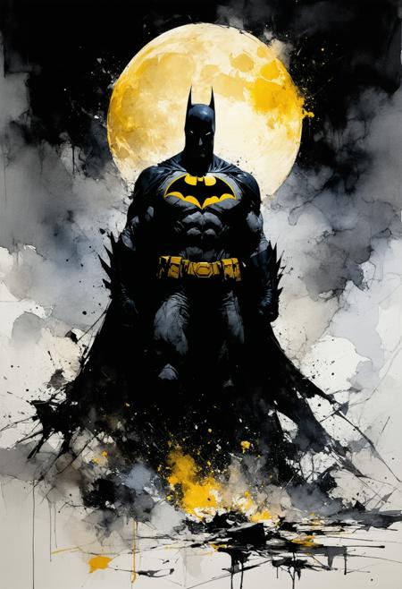 Batman emerges from a monochrome storm, his cape a tidal wave of ink swallowing a crumbling Gotham penthouse (extreme low angle, horizon tilted 30°). Sin City’s nihilist edge: the world is shredded newsprint and India ink, except the sulfur-yellow Bat-symbol—a jagged scar glowing like a dying sun. Frank Miller’s chiaroscuro hones his silhouette: block-jawed cowl, cape hooks sharp as guillotine blades. Rain isn’t water but slashes of erased white, dissolving into the void below. No face, no skin—just the emblem’s feverish hum and the creak of leather under siege. A shattered "HAHAHA" graffito bleeds rust-red in the distant alley.