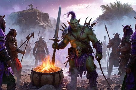 bioluminescent, an orc raider with green skin, wearing spiked armor, holding a spiked club, solo, from the Thunderhoof Clan, with heavy armor and hoof-shaped symbols, an orc desert outpost with sand-covered tents, cacti, harsh sunlight, detailed background, healing a wound, applying herbs, defiant, standing tall, wide shot, a pit fight tournament with orcs fighting, crowds cheering, blood on the ground, a large war drum with leather, nearby, on a riverbank, wet stones, misty, light fog, damp air, soft light, mid evening, deep purple sky, stars visible, cool air, best quality, vibrant colors, photorealistic style, high detail, high-definition, hyper-realistic, extremely high-resolution details, fine texture, incredibly lifelike, realistic, not cartoon, not drawing, highres, 4K resolution, source photo, realistic photo, masterpiece, best quality, amazing quality, very aesthetic, ultra-detailed, detailed textures, natural lighting, soft lighting, shadowy tones, deep blacks and grays, lava glow, fiery red glow, high angle shot, looking down, <lora:Mystic_Lumina_r1-000007:0.9>