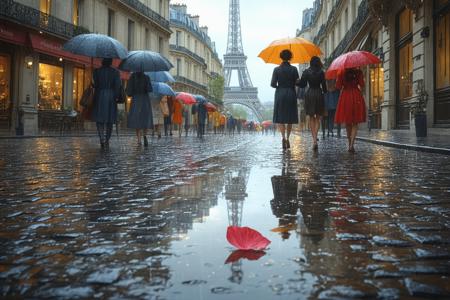 Low-angle perspective gazing down a Parisian cobblestone alley, rain-slicked stones shimmering like liquid obsidian under a pearlescent sky. The Eiffel Tower fractures into liquid gold within a foreground puddle, flanked by a mosaic of umbrellas—crimson velvets, cobalt linens, saffron silks—casting soft glows on wet cheeks. Cinematic chiaroscuro à la Jeunet blends with Turner’s luminous haze; slate grays melt into champagne highlights, raindrops etching diamond trails on wool coats. A stray rose petal clings to the puddle’s edge, echoing distant patisserie lights blurred through mist. Wistful serenity pulses with the rhythm of tapping heels and whispered French, every element interlaced with rain’s alchemy.