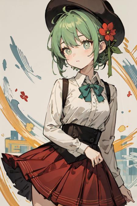 masterpiece,best quality,upper body,1girl,collared_shirt and flared_skirt as material1,color connection,theatre \(medium\),chart,green hair,small breasts,flower-shaped pupils,aqua eyes,cowboy shot
Negative prompt: (EasyNegative), (bad-hands-5), an6, verybadimagenegative_v1.3, (worst quality, low quality:1.2), (missing fingers, missing hands, missing legs:1.4) (extra limbs, extra fingers, extra hands, extra legs:1.4), (mutate fingers, mutated hands, mutated legs:1.4), (malformed hands, malformed fingers, malformed legs:1.4), (poorly drawn hands, poorly drawn face), (text, signature, watermark, username),nsfw,
Steps: 20, Sampler: DPM++ 2M Karras, CFG scale: 5, Seed: 3908668430, Size: 512x768,